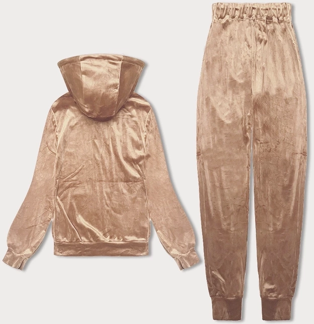 Welurowy dres damski z rozpinaną bluzą beżowy (8C1176-159)