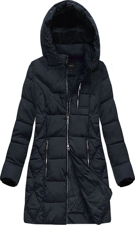 DŁUŻSZA ZIMOWA KURTKA DAMSKA Z KAPTUREM GRANATOWA (B9902)