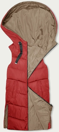 Długa kamizelka damska dwustronna czerwony-beż (B8248-4)