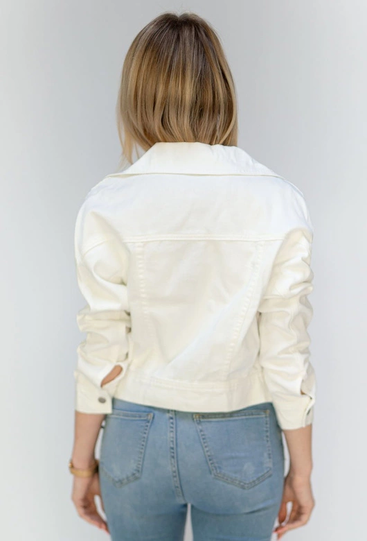 KRÓTKA JEANSOWA DAMSKA KURTKA Z KOŁNIERZEM BIAŁA (H115)