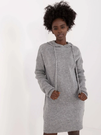 Dzianinowa sukienka z kapturem szara (0582)