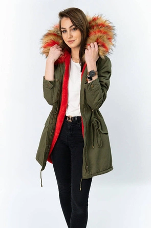 Kurtka parka damska zimowa khaki-czerwona (x619x)