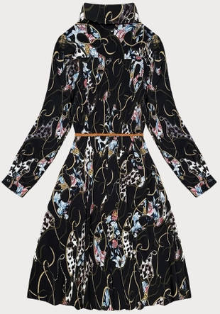 Plisowana sukienka z kołnierzykiem czarna w kwiaty (Z-56)