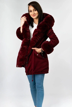 Bawełniana damska parka zimowa z futrem bordowa (xw801-3x)