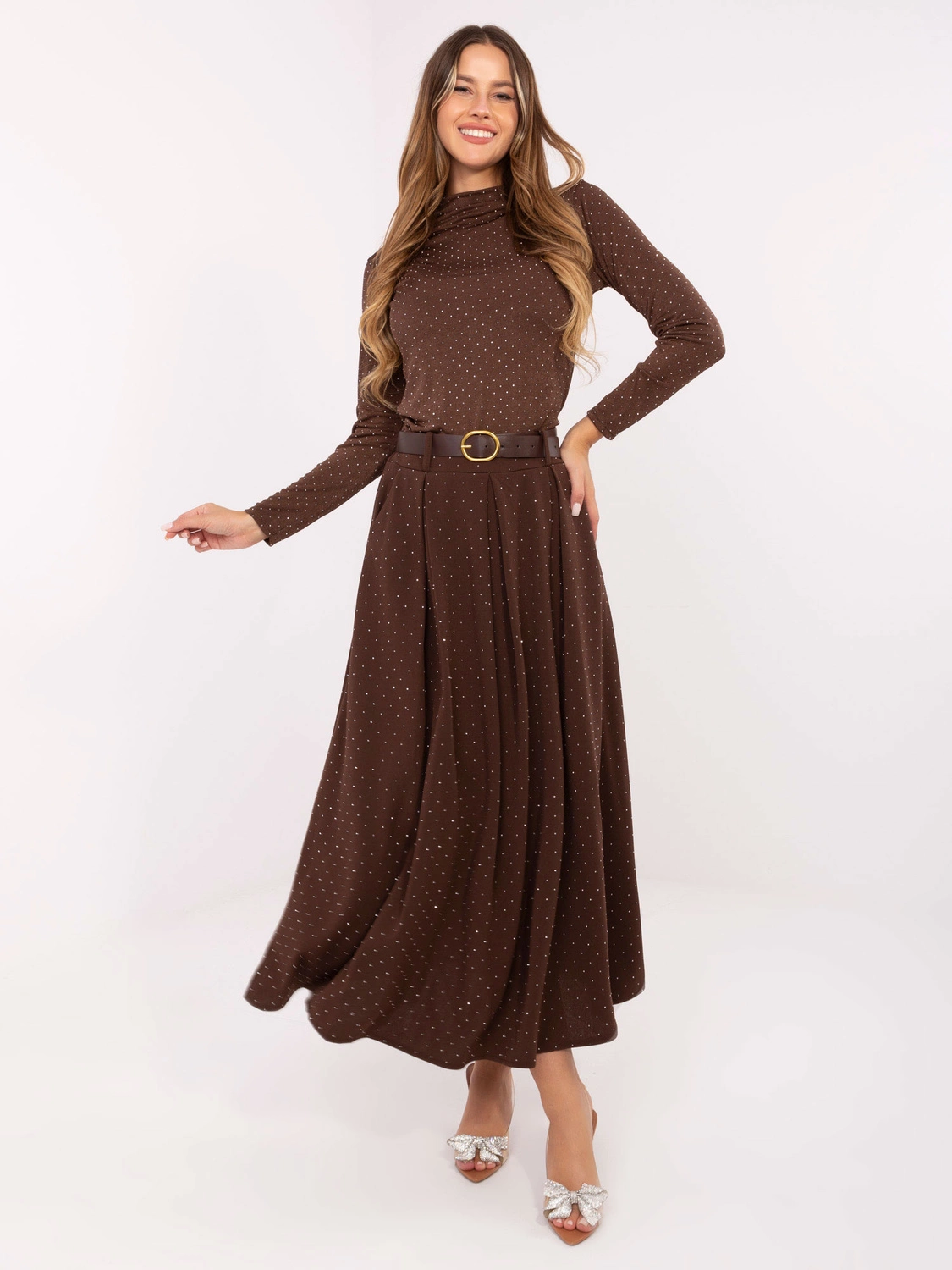 Elegancka spódnica maxi z ozdobnym wykończeniem brązowa (19720)