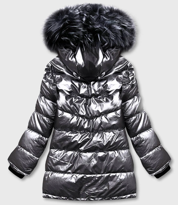BŁYSZCZĄCA KURTKA DAMSKA ZIMOWA SZARA (HS-809)