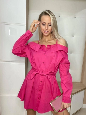 KOSZULOWA SUKIENKA Z OPUSZCZANYMI RAMIONAMI RÓŻOWA (693ART)