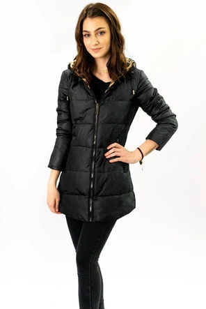 DWUSTRONNA KURTKA DAMSKA Z KAPTUREM CZARNA W PANTERKĘ (W352)
