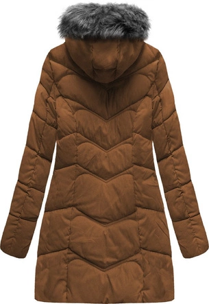 DŁUŻSZA PIKOWANA DAMSKA KURTKA ZIMOWA Z KAPTUREM BRĄZOWA (B2643)