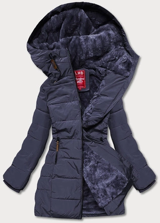 Zimowa kurtka damska z kapturem granatowa (2M-21003)