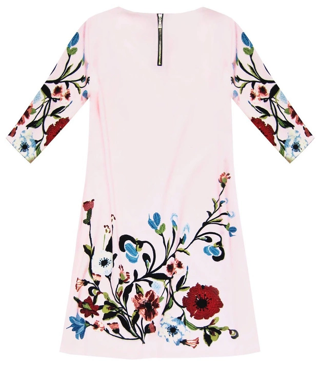 TRAPEZOWA SUKIENKA W KWIATY PUDROWY RÓŻ (10172)