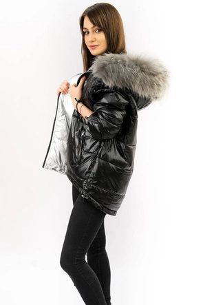 DWUSTRONNA METALICZNA KURTKA DAMSKA CZARNO-SREBRNA (GWW1908)