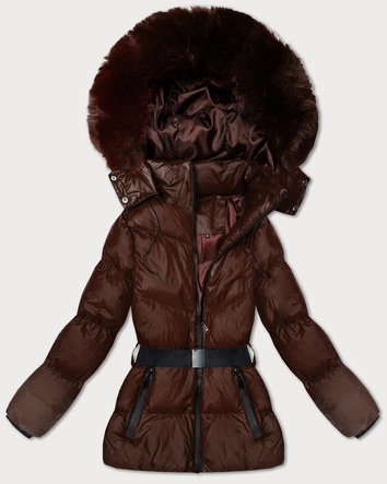 Zimowa kurtka z kapturem i paskiem J Style brązowa (5M3322-158)