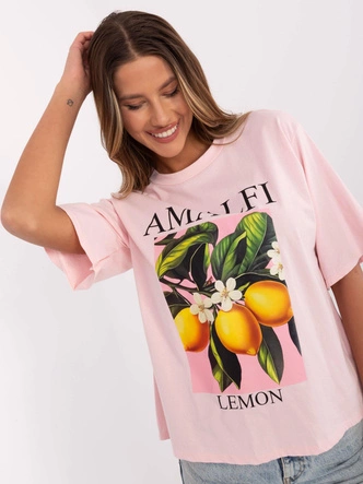 Bawełniany t-shirt damski z nadrukiem jasnoróżowy (M745-1)