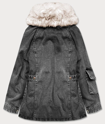 Damska kurtka jeansowa z futrzanym kołnierzem czarna/beż (br9585-1046)