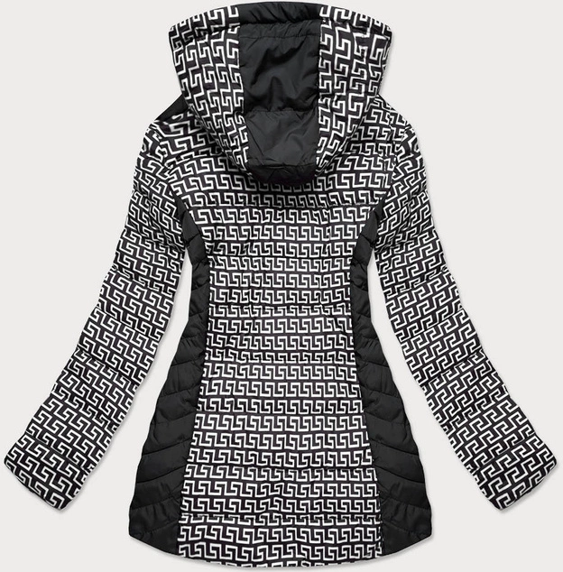 Wzorzysta kurtka damska z kapturem czarno-biała (w715)