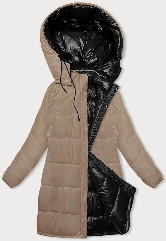 Gruba dwustronna kurtka zimowa damska czarny-beż (V768g)