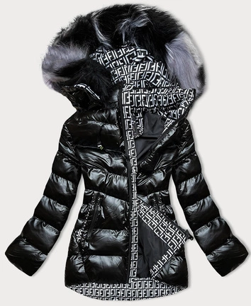 BŁYSZCZĄCA KURTKA ZIMOWA Z WZORZYSTYMI WSTAWKAMI CZARNA (XW809X)