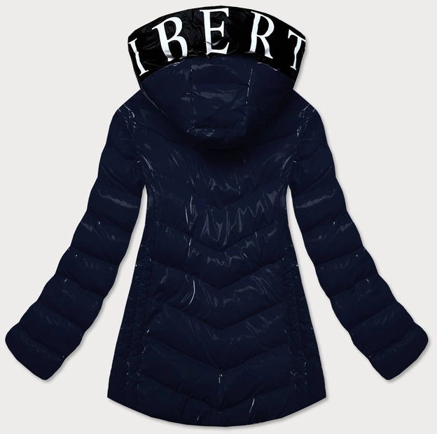 Błyszcząca kurtka damska z ozdobną podszewką granatowa (xw810x)