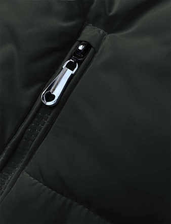 Krótki puchowy bezrękawnik damski ze stójką army (16M9092-136)