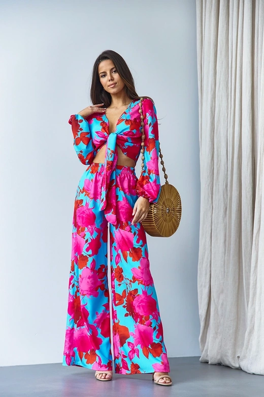 Zestaw wiązana bluzka i szerokie spodnie niebieski (8175)