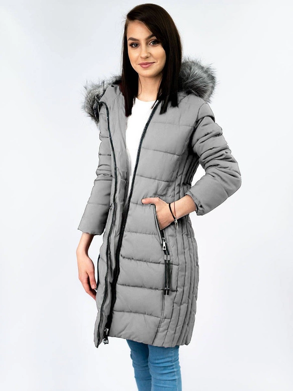PIKOWANA DAMSKA ZIMOWA KURTKA Z KAPTUREM SZARA (B9501)