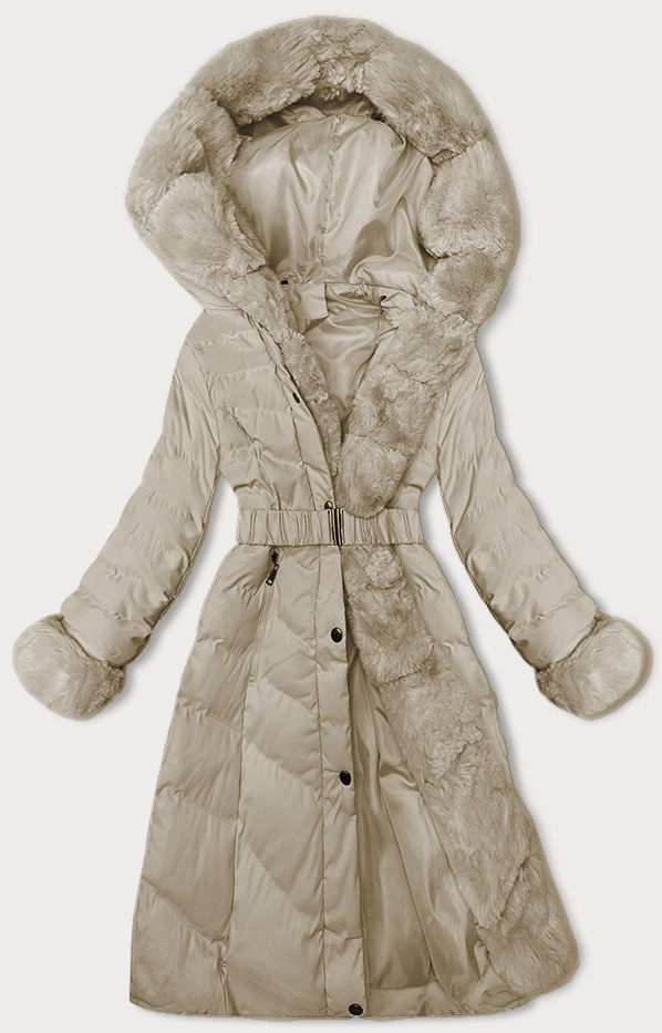 Zimowa kurtka damska z paskiem beżowa (5M3156-62)