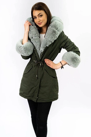 BAWEŁNIANA DAMSKA PARKA ZIMOWA Z FUTREM KHAKI (XW793X)