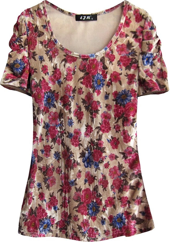 WELUROWA BLUZKA W KWIATY ZŁOTO-AMARANTOWA (3682/7)