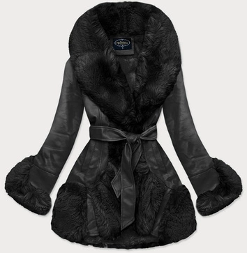 ELEGANCKA KURTKA SKÓRZANA Z FUTRZANYM KOŁNIERZEM CZARNA (FL202018)