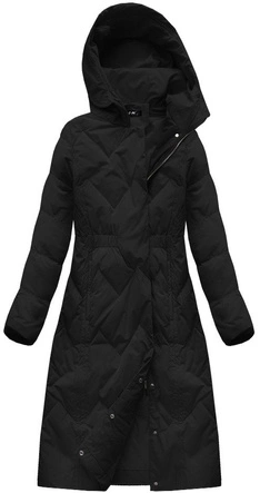 ZIMOWY PŁASZCZ DAMSKI Z KAPTUREM I PUCHEM NATURALNYM CZARNY (7119)