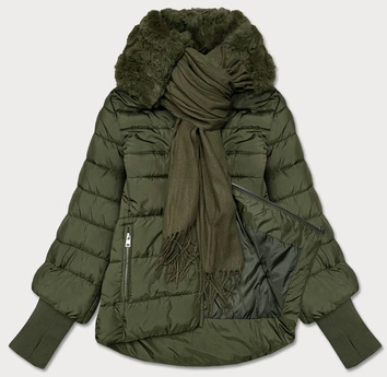 KURTKA DAMSKA  Z FUTRZANYM SZALIKIEM KHAKI (1587)