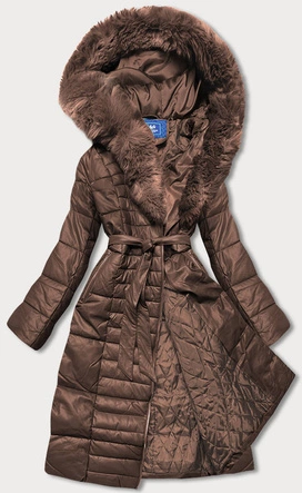 KURTKA DAMSKA Z FUTRZANYM KOŁNIERZEM BRĄZOWA (AG6-28)