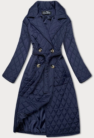 PIKOWANY PŁASZCZ DAMSKI Z PASKIEM GRANATOWY (9594)