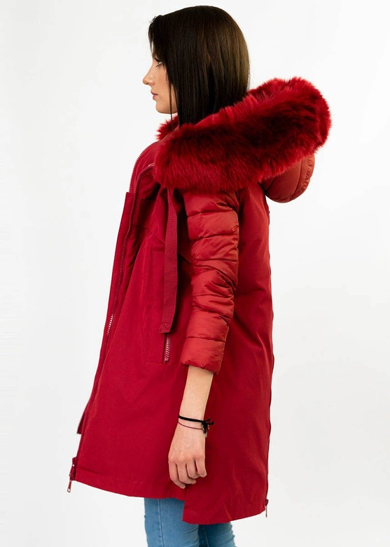 ZIMOWA KURTKA DAMSKA Z ŁĄCZONYCH MATERIAŁÓW CZERWONA (7708)