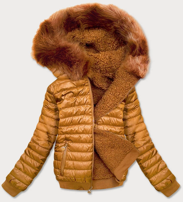 DWUSTRONNA KRÓTKA KURTKA DAMSKA ZIMOWA MUSZTARDOWA (H1032-37)