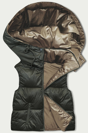 Krótki bezrękawnik damski z kapturem khaki (B8156-11)
