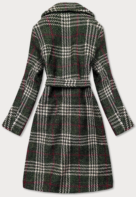 PŁASZCZ DAMSKI W KRATĘ ZIELONY-BEŻ (OMDL-011)