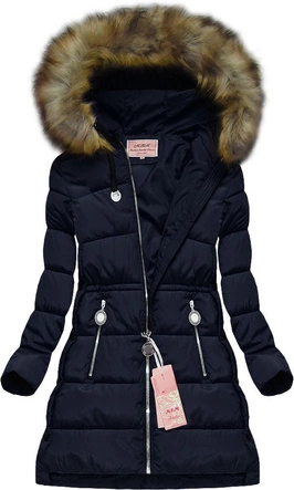 PIKOWANA KURTKA DAMSKA ZIMOWA Z KAPTUREM GRANATOWA (W594-1)