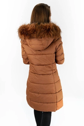 DŁUGA PIKOWANA KURTKA DAMSKA ZIMOWA Z KAPTUREM RUDA (7751)