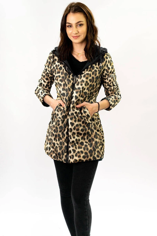 DWUSTRONNA KURTKA DAMSKA Z KAPTUREM CZARNA W PANTERKĘ (W352)