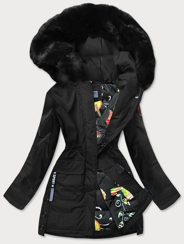 KURTKA ZIMOWA DAMSKA Z OZDOBNĄ PODSZEWKĄ CZARNA (R9577)