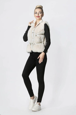 Krótka kamizelka futrzana z suwakami ecru (gsq2249)