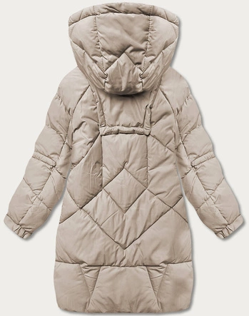 Puchowa kurtka damska z ozdobnymi taśmami camel (AG2-J85)