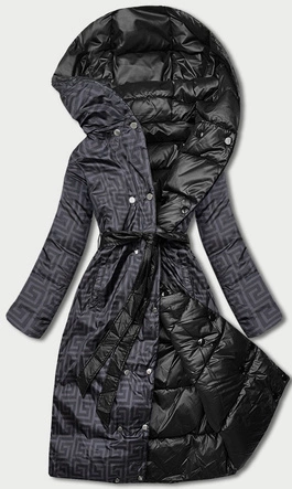 Dwustronna długa kurtka z kapturem czarna/oberżyna (P22-6638-1+1)