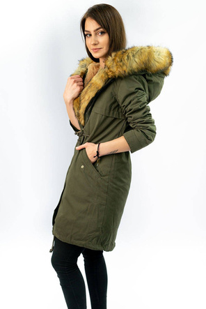 CIEPŁA PARKA DAMSKA ZIMOWA  Z PODPINKĄ KHAKI (XW162X)