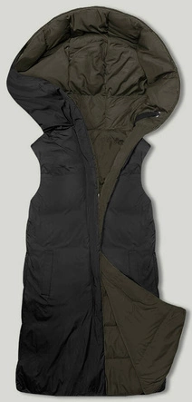 Dwustronny bezrękawnik oversize z kapturem khaki-czarny (V724)