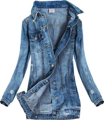 DŁUGA JEANSOWA KURTKA Z KOŁNIERZEM I PRZETARCIAMI (5508)