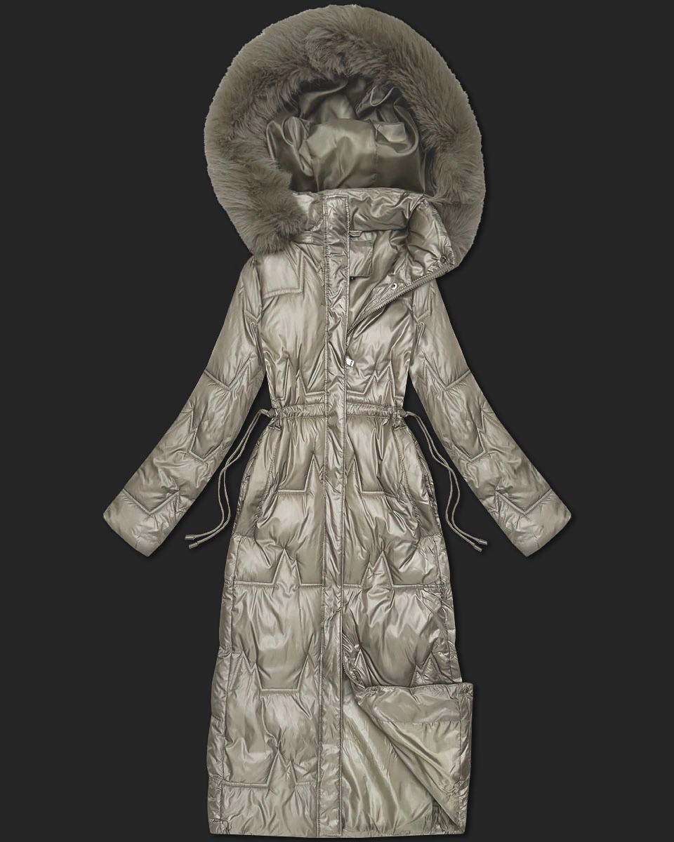 Długa pikowana damska kurtka zimowa beżowa (T2-2221#-62)