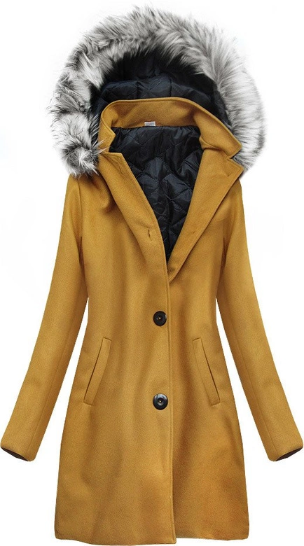 DAMSKI BAWEŁNIANY ZIMOWY PŁASZCZ MUSZTARDOWY (513ART)